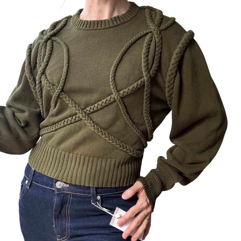 Olive Green Braided Rope Overlay Crewneck Sweater Textured Avant-Garde Knit